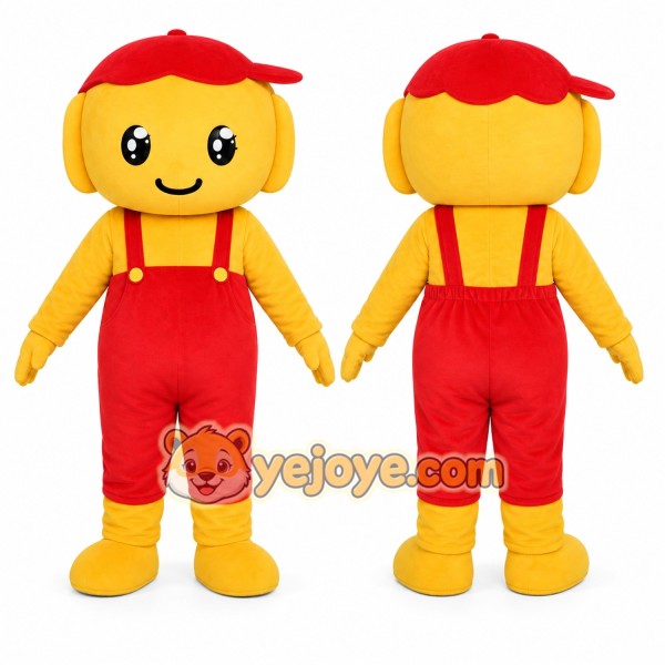 Red Overalls Boy Mascot Costume