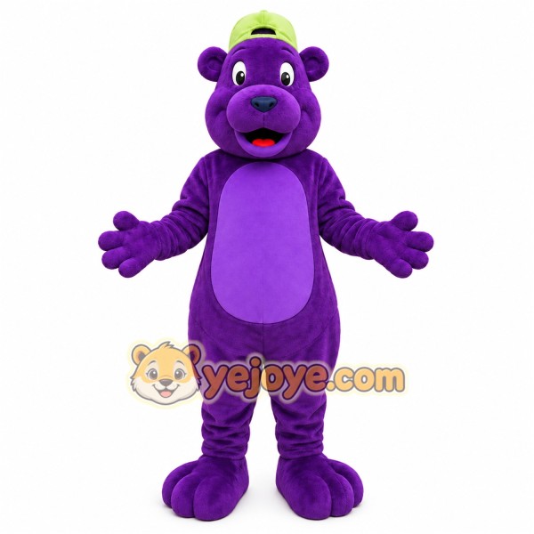 Purple Bear Mascot Costume with Green Cap