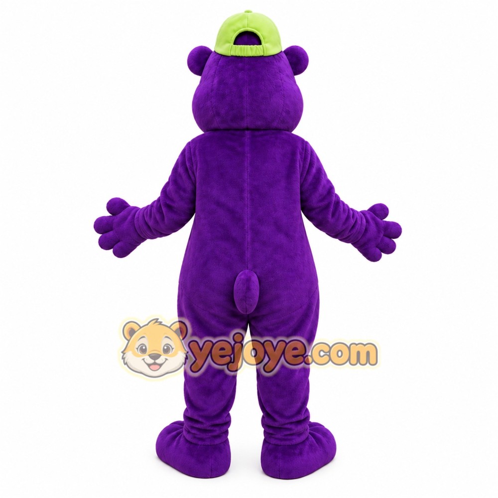 Purple Bear Mascot Costume with Green Cap