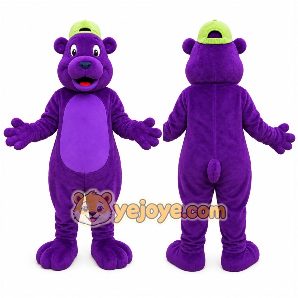 Purple Bear Mascot Costume with Green Cap