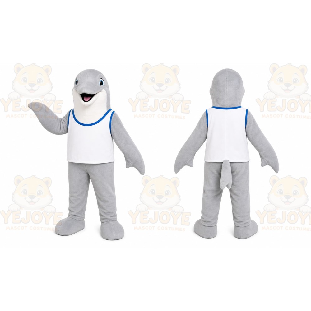 Gray Dolphin Mascot Costume with Custom Logo