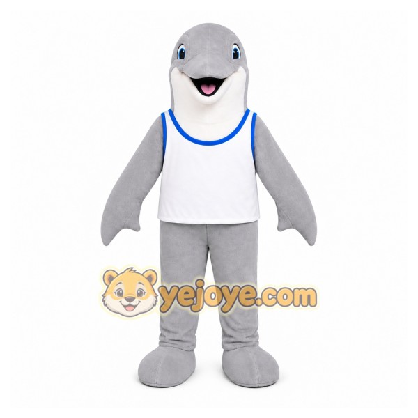 Gray Dolphin Mascot Costume with Custom Logo