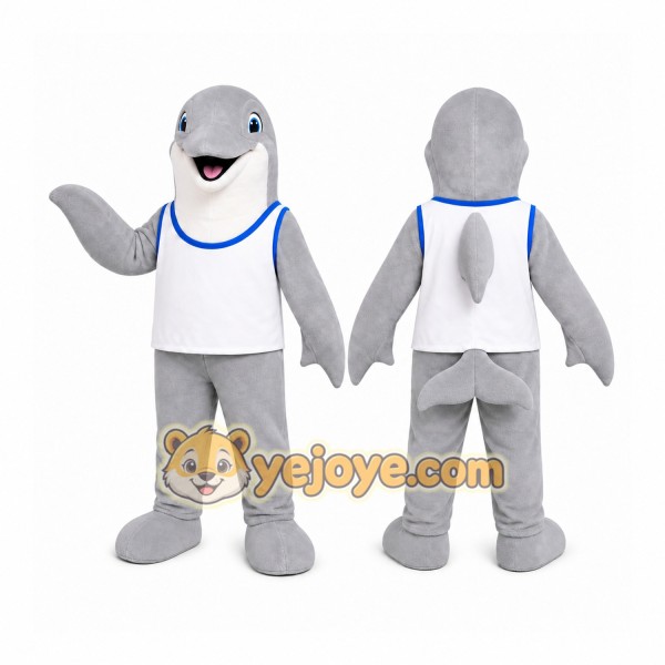 Gray Dolphin Mascot Costume with Custom Logo