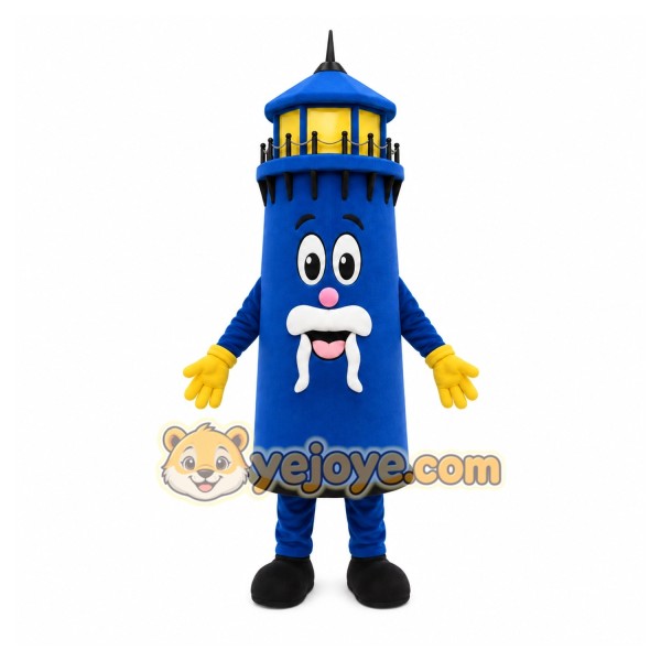Blue Lighthouse Mascot Costume with Custom Logo