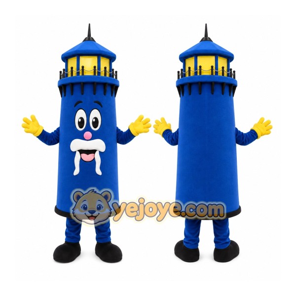 Blue Lighthouse Mascot Costume with Custom Logo