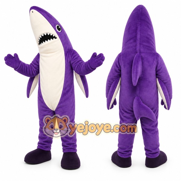 Purple Shark Mascot Costume with Custom Logo