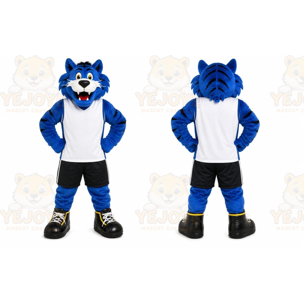 Blue Tiger Mascot Costume with Custom Logo