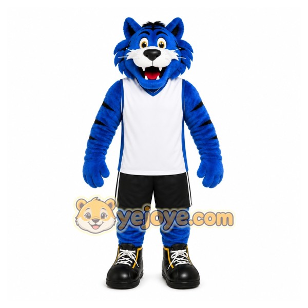 Blue Wildcat Mascot Costume with Custom Logo