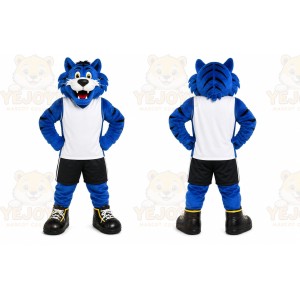 Blue Tiger Mascot Costume with Custom Logo