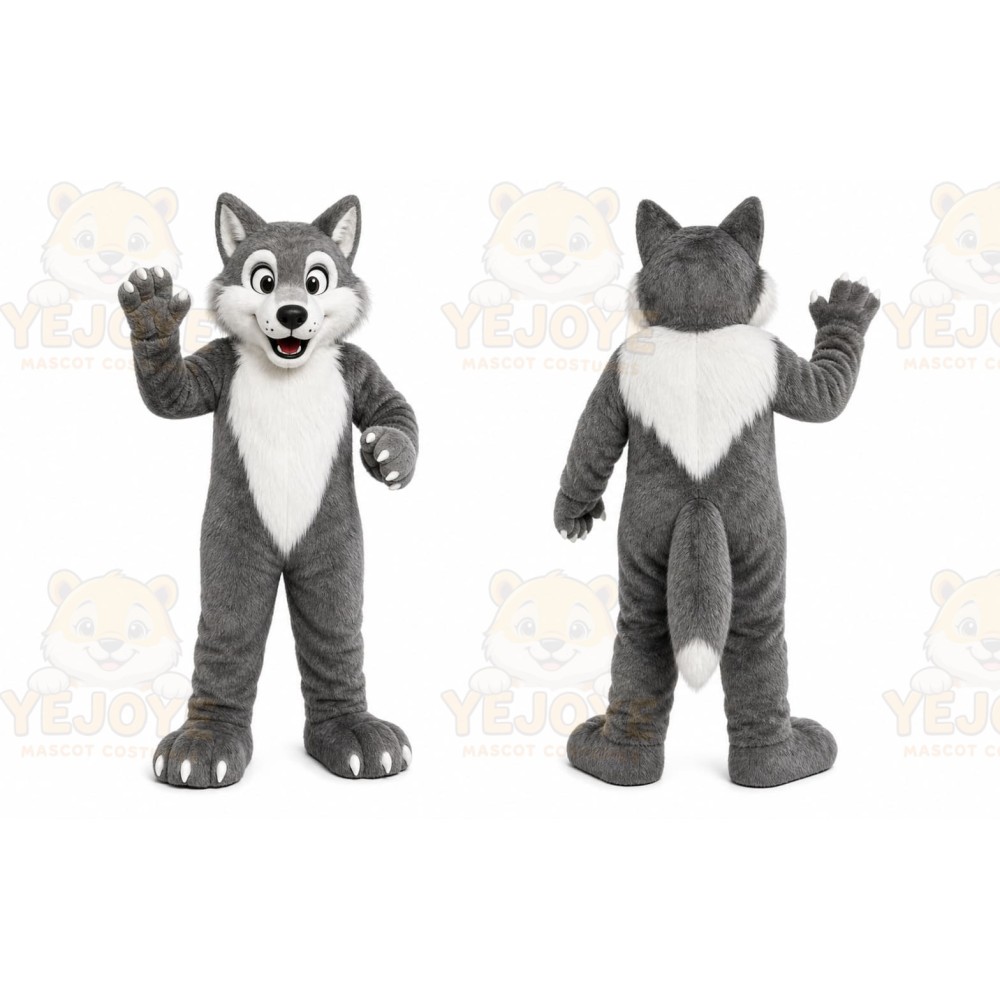 Gray Wolf Mascot Costume with Custom Logo
