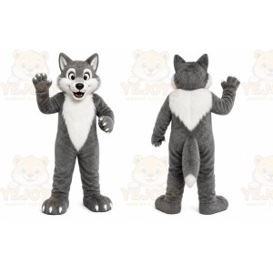Gray Wolf Mascot Costume with Custom Logo