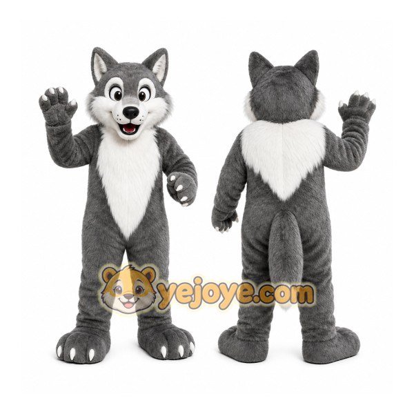 Gray Wolf Mascot Costume with Custom Logo