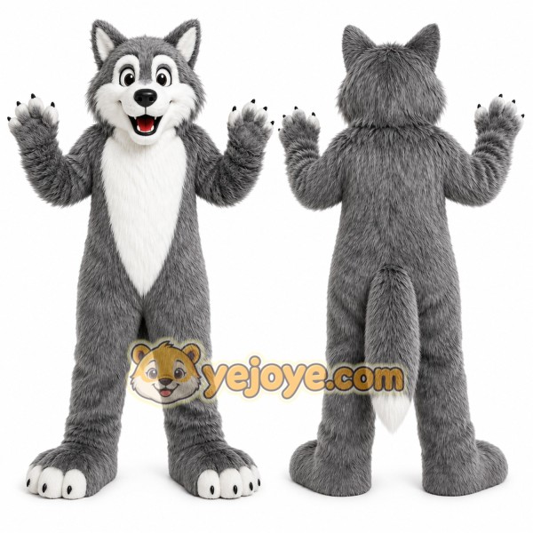 Gray Wolf Mascot Costume with Custom Logo