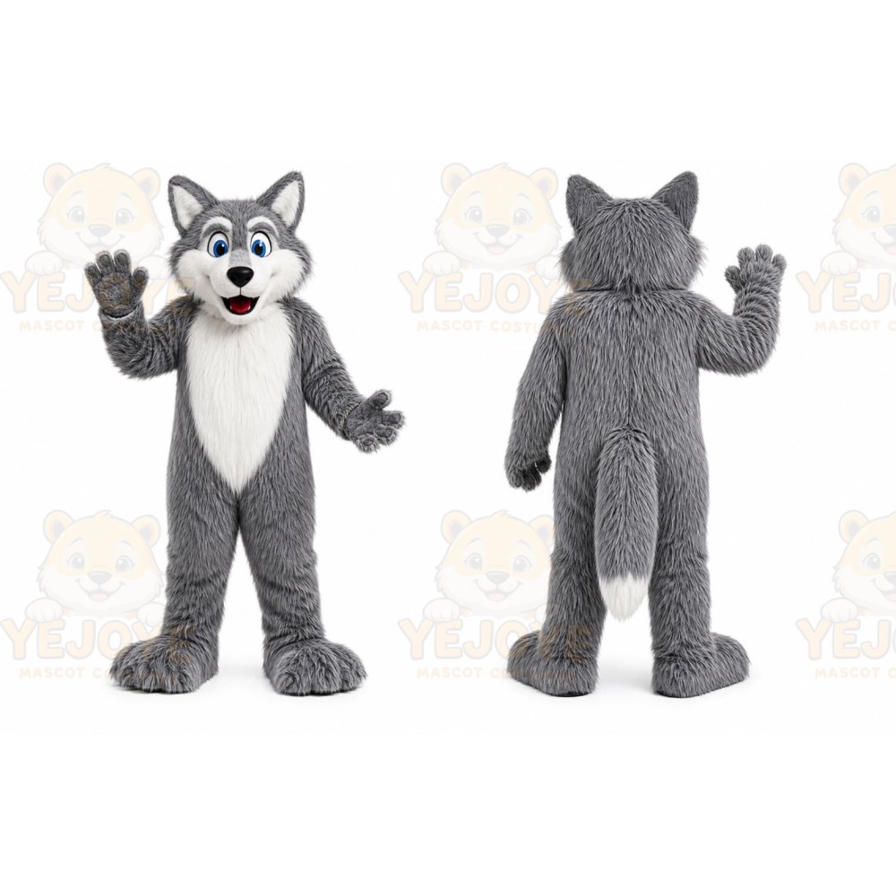 Gray Wolf Mascot Costume with Custom Logo