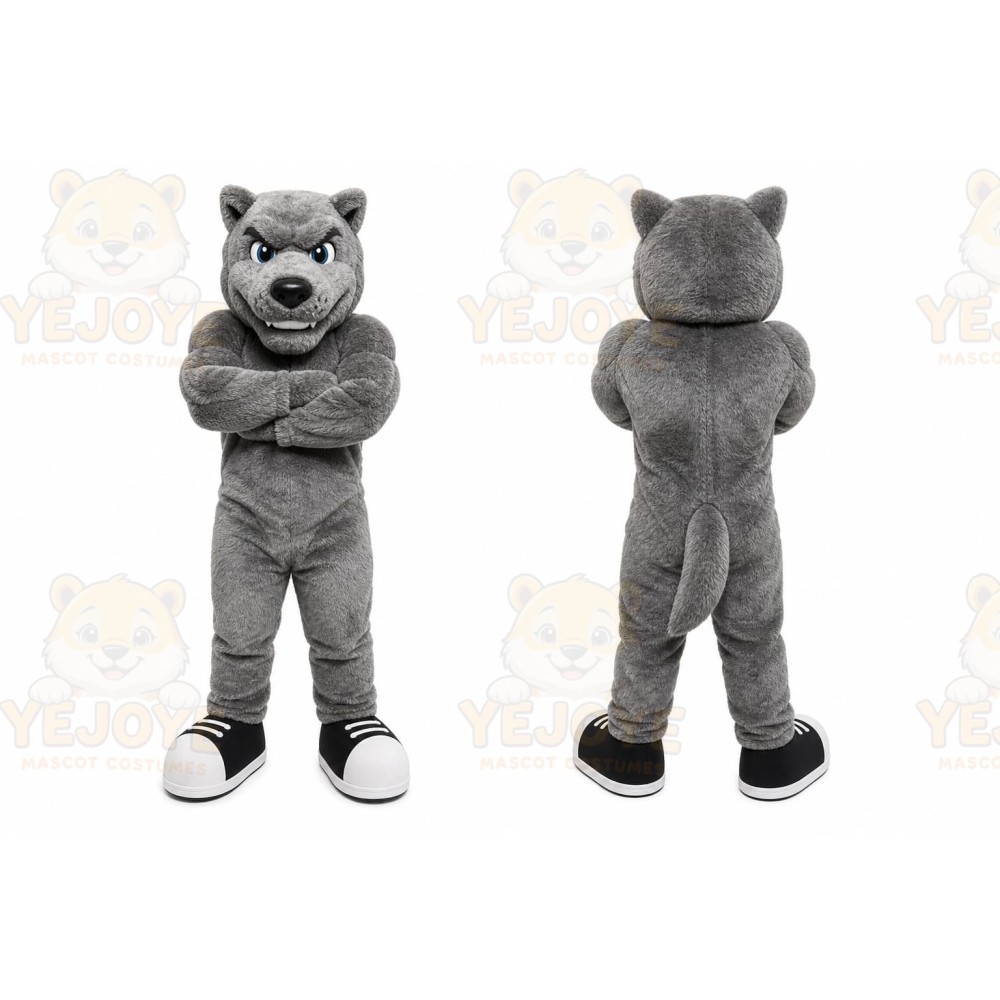 Gray Wolf Mascot Costume with Custom Logo