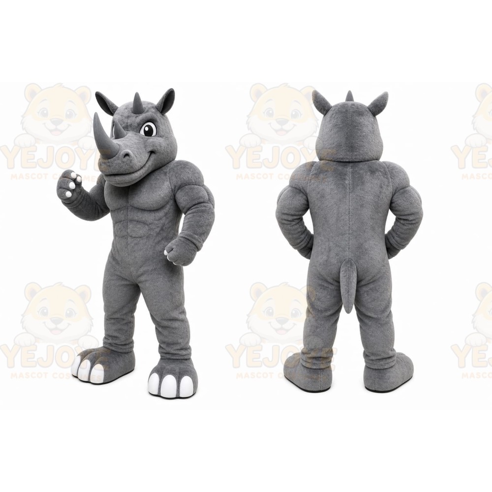 Gray Rhino Mascot Costume with Custom Logo