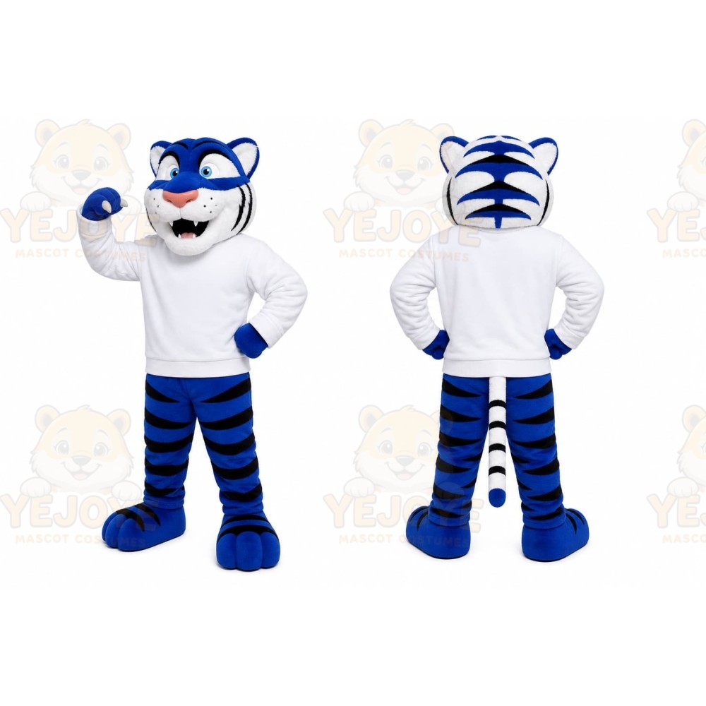 Blue Tiger Mascot Costume with Custom Logo