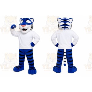 Blue Tiger Mascot Costume with Custom Logo