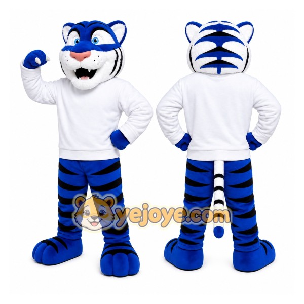 Blue Tiger Mascot Costume with Custom Logo
