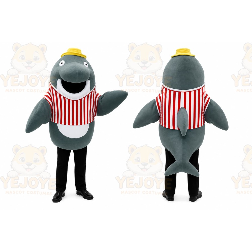 Gray Dolphin Mascot Costume with Custom Logo