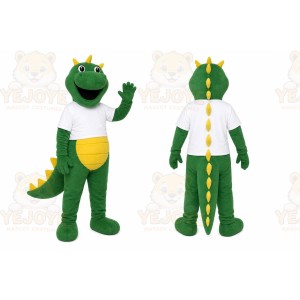 Green Dinosaur Mascot Costume with Custom Logo