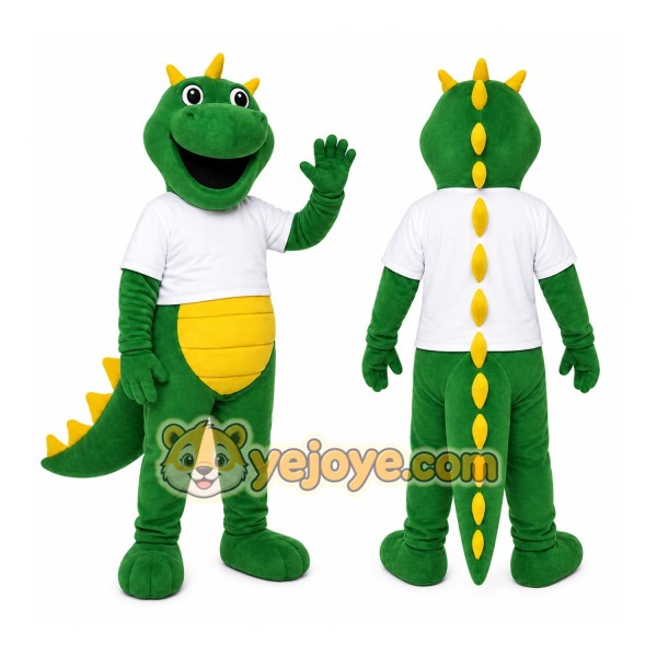 Green Dinosaur Mascot Costume with Custom Logo