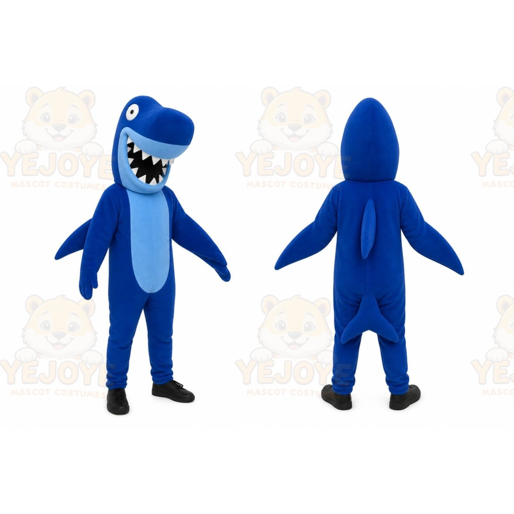 Blue Shark Mascot Costume with Custom Logo