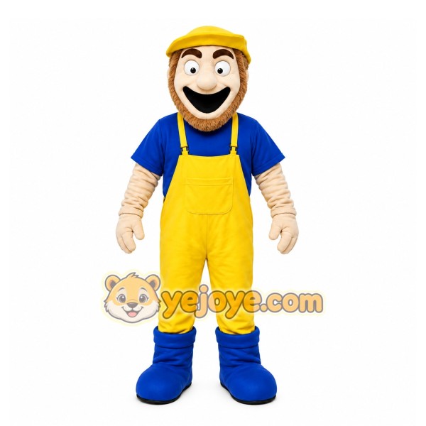 Yellow Worker Mascot Costume with Custom Logo