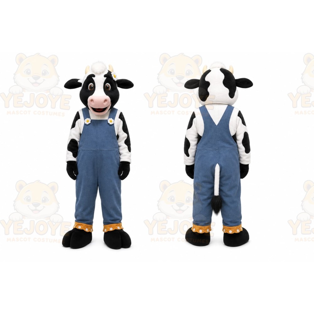Black Cow Mascot Costume with Custom Logo