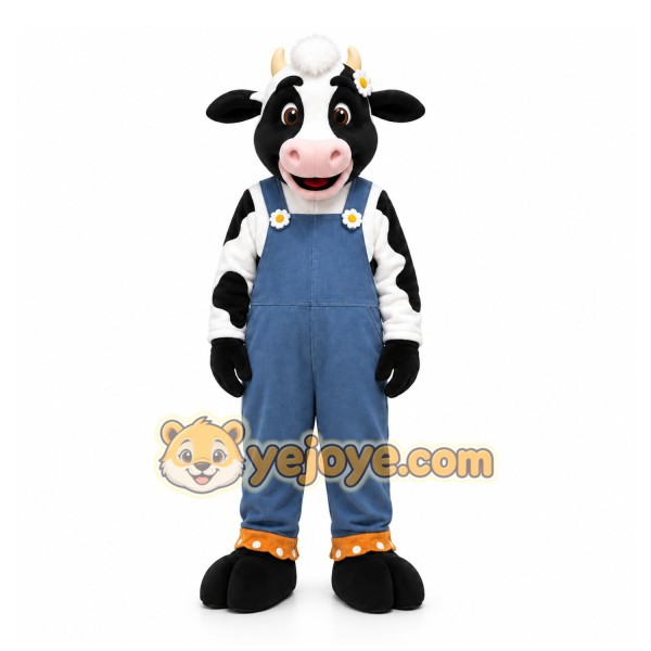 Black Cow Mascot Costume with Custom Logo
