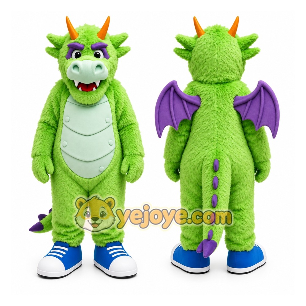 Green Dragon Mascot Costume with Custom Logo