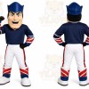 Blue Superhero Mascot Costume with Custom Logo