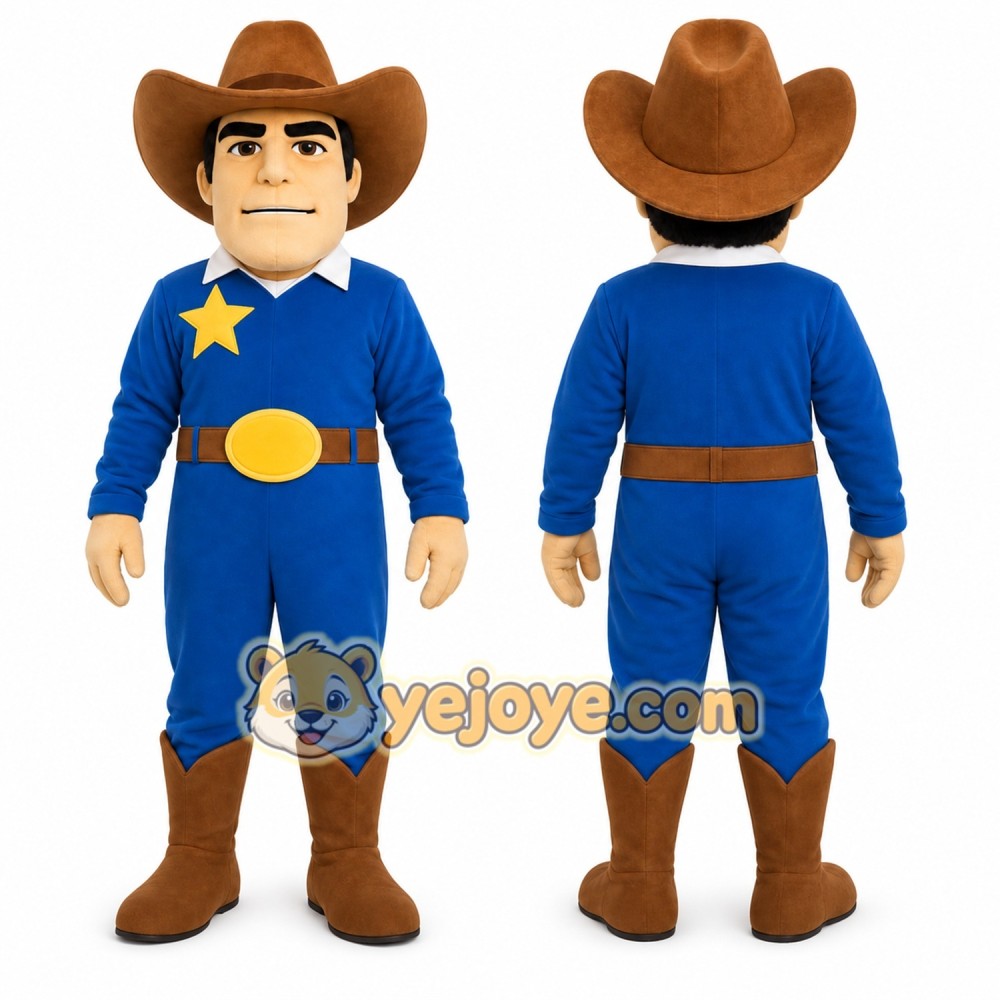 Blue Cowboy Mascot Costume with Custom Logo Blue Cowboy Mascot Costume with Custom Logo