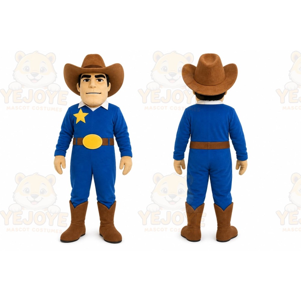 Blue Cowboy Mascot Costume with Custom Logo