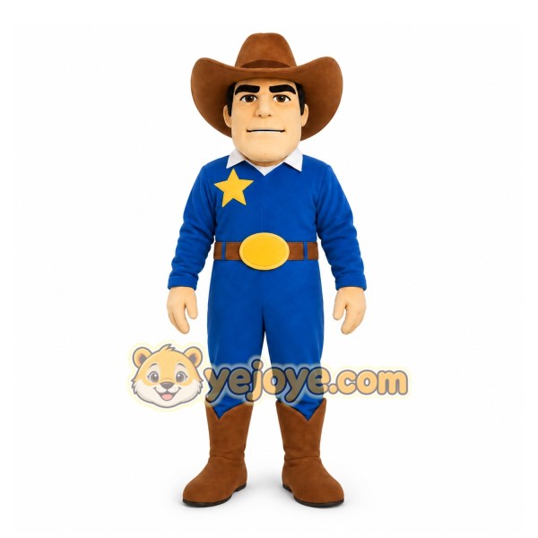 Blue Cowboy Mascot Costume with Custom Logo