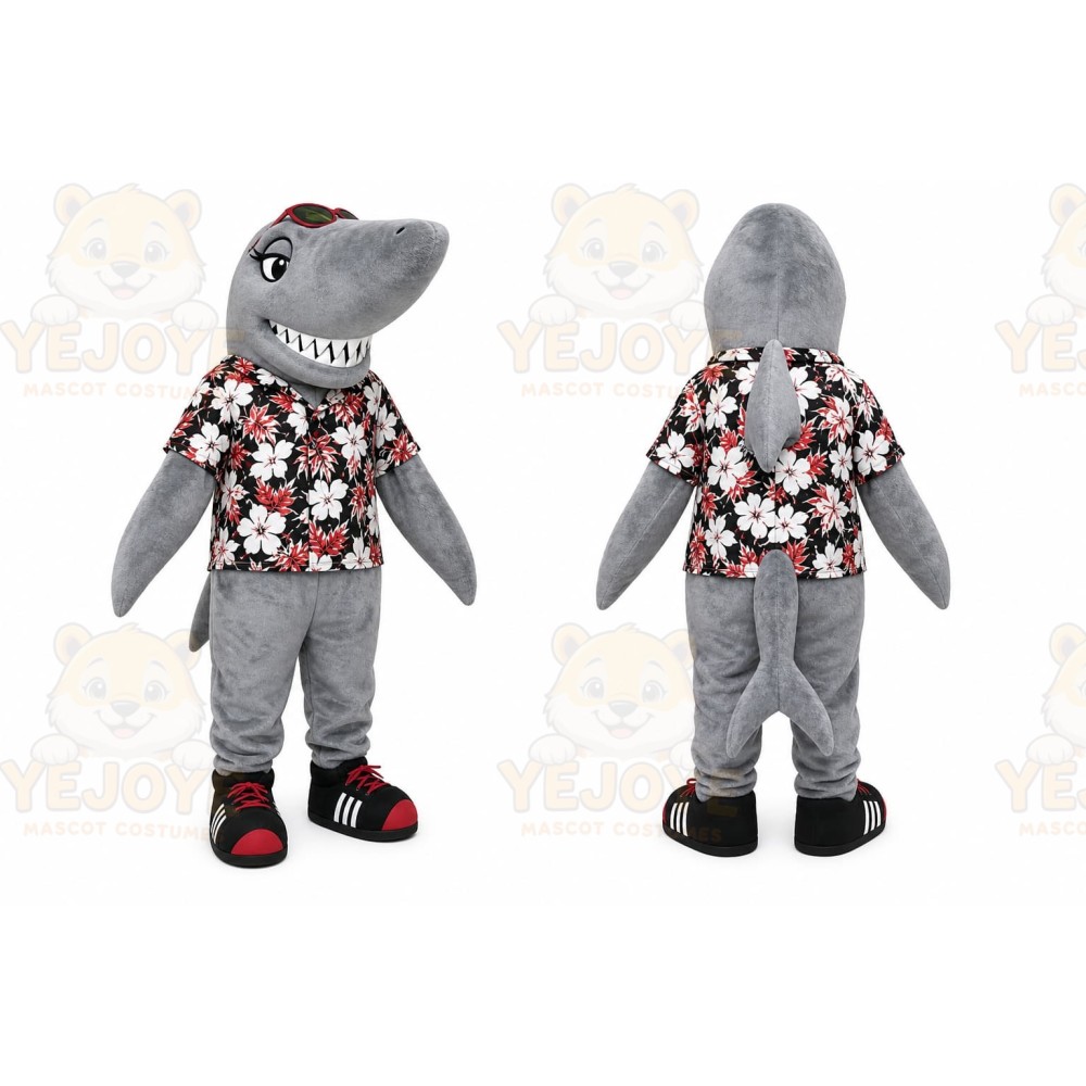 Gray Shark Mascot Costume with Custom Logo