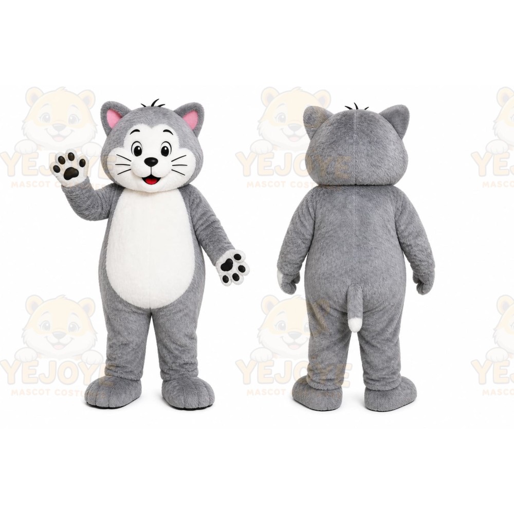 Gray Cat Mascot Costume with Custom Logo