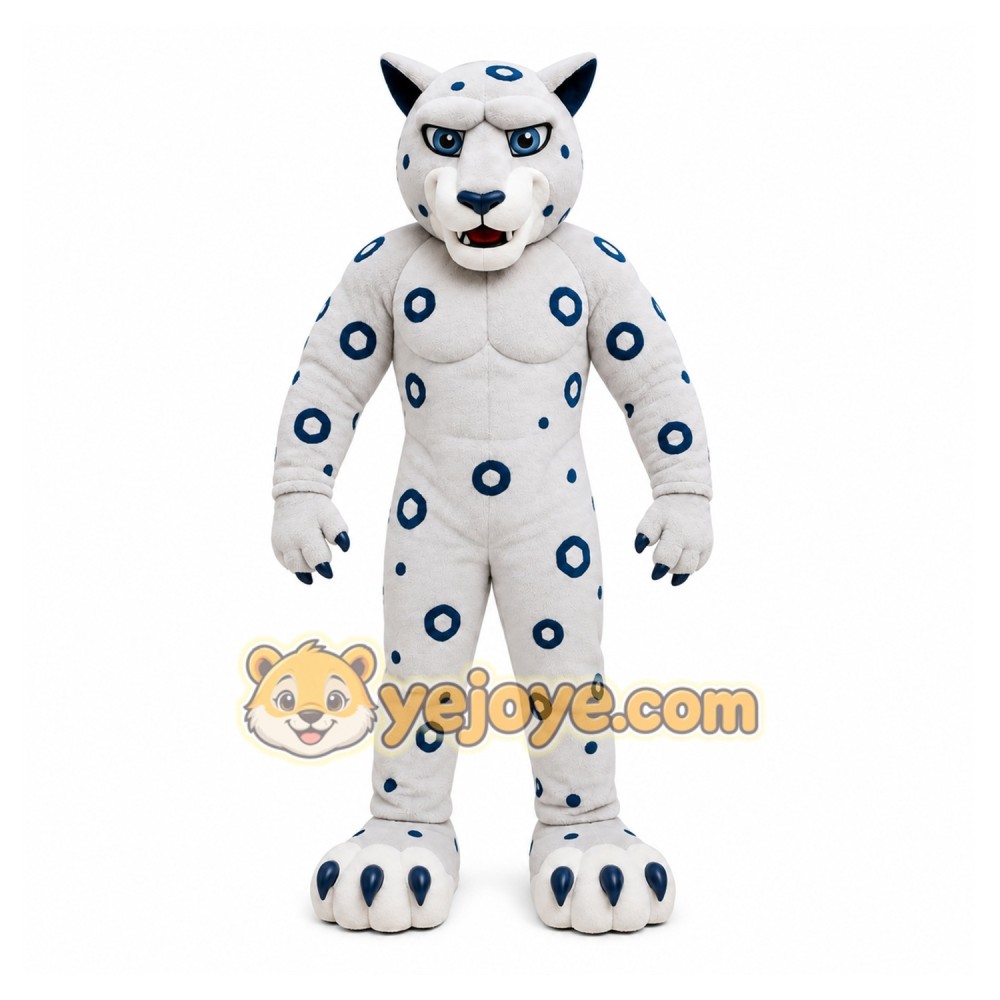 White Spotted Big Cat Mascot Costume with Custom Logo