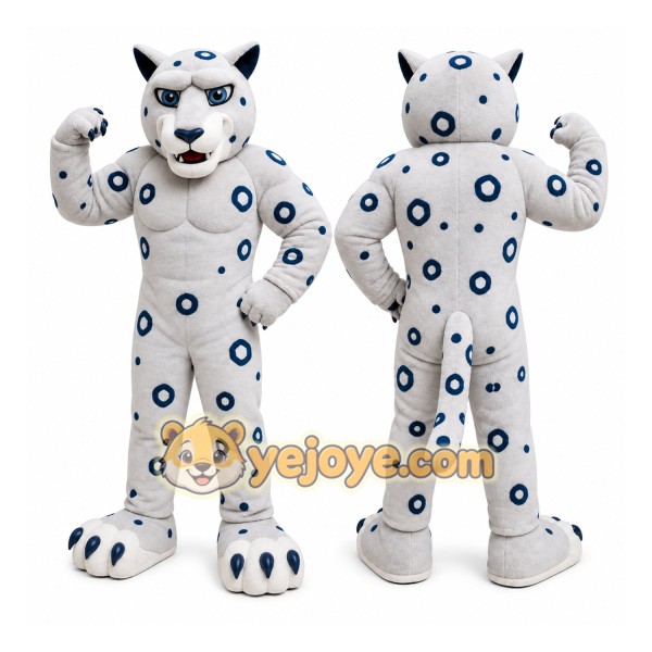 White Spotted Big Cat Mascot Costume with Custom Logo