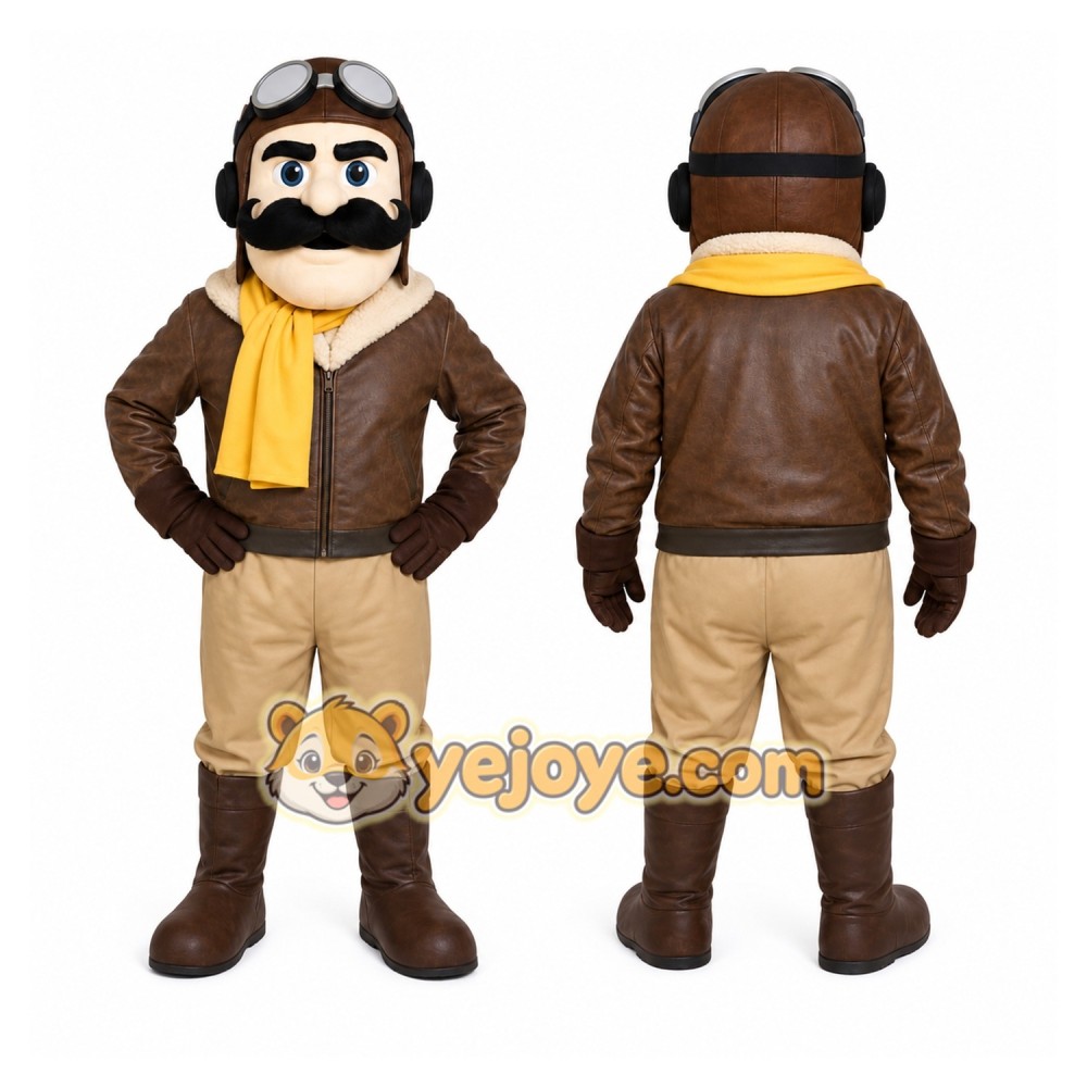 Brown Pilot Mascot Costume with Custom Logo