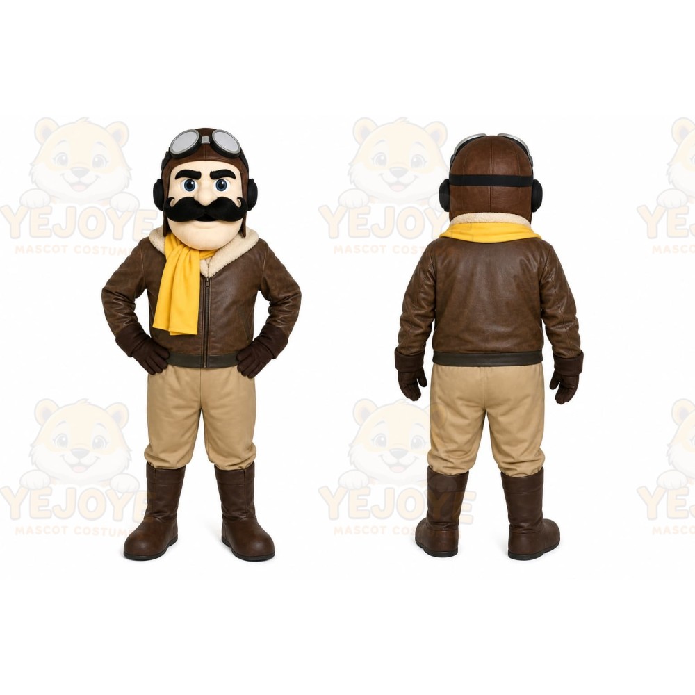 Brown Pilot Mascot Costume with Custom Logo