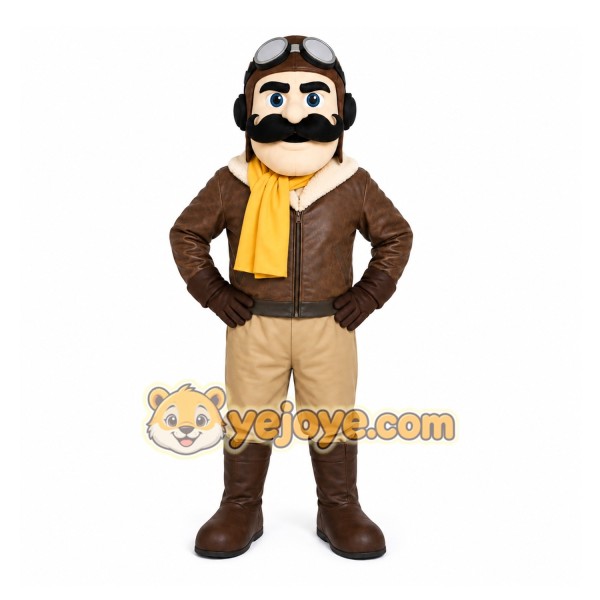 Brown Pilot Mascot Costume with Custom Logo