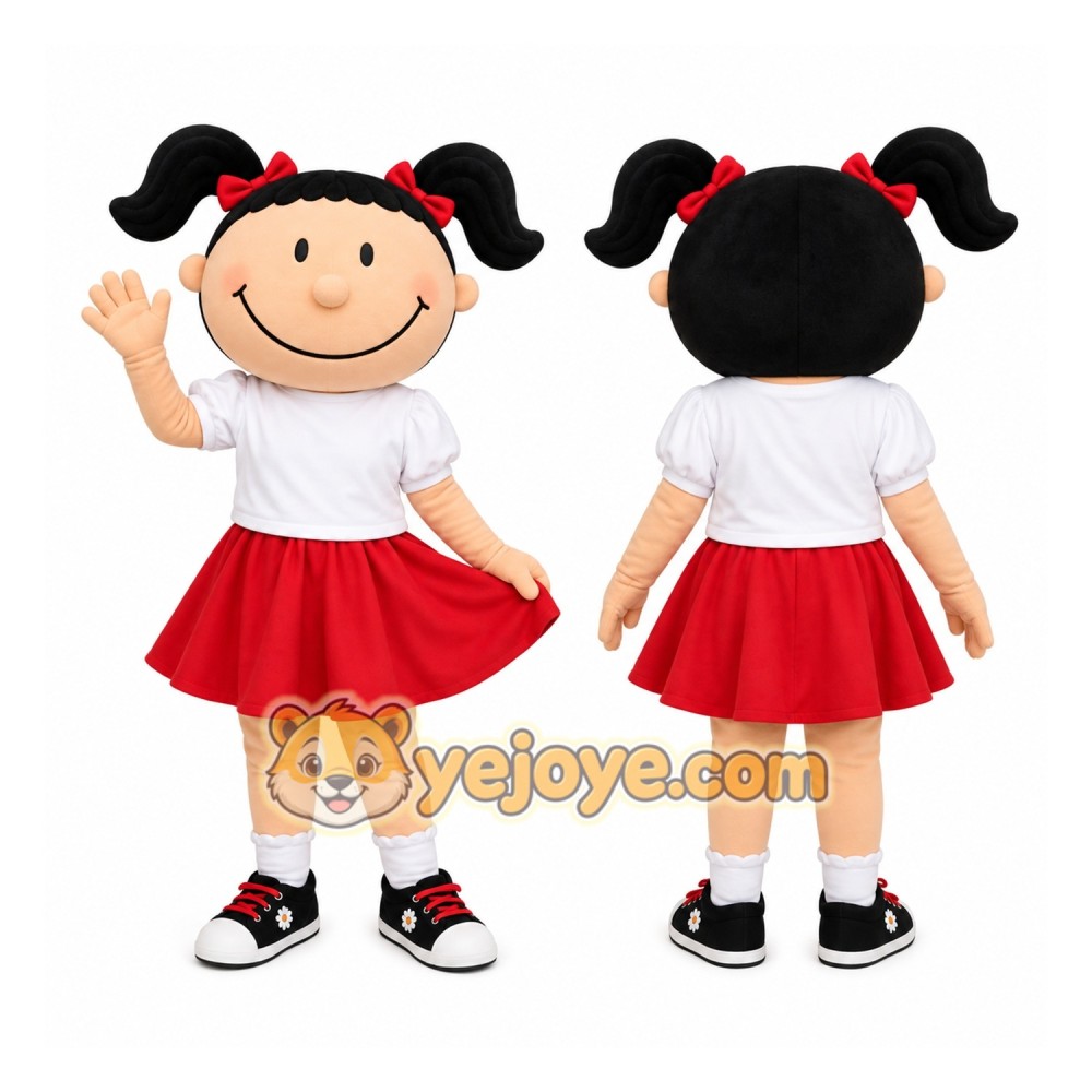 Red Girl Mascot Costume with Custom Logo