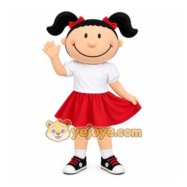 Red Girl Mascot Costume with Custom Logo