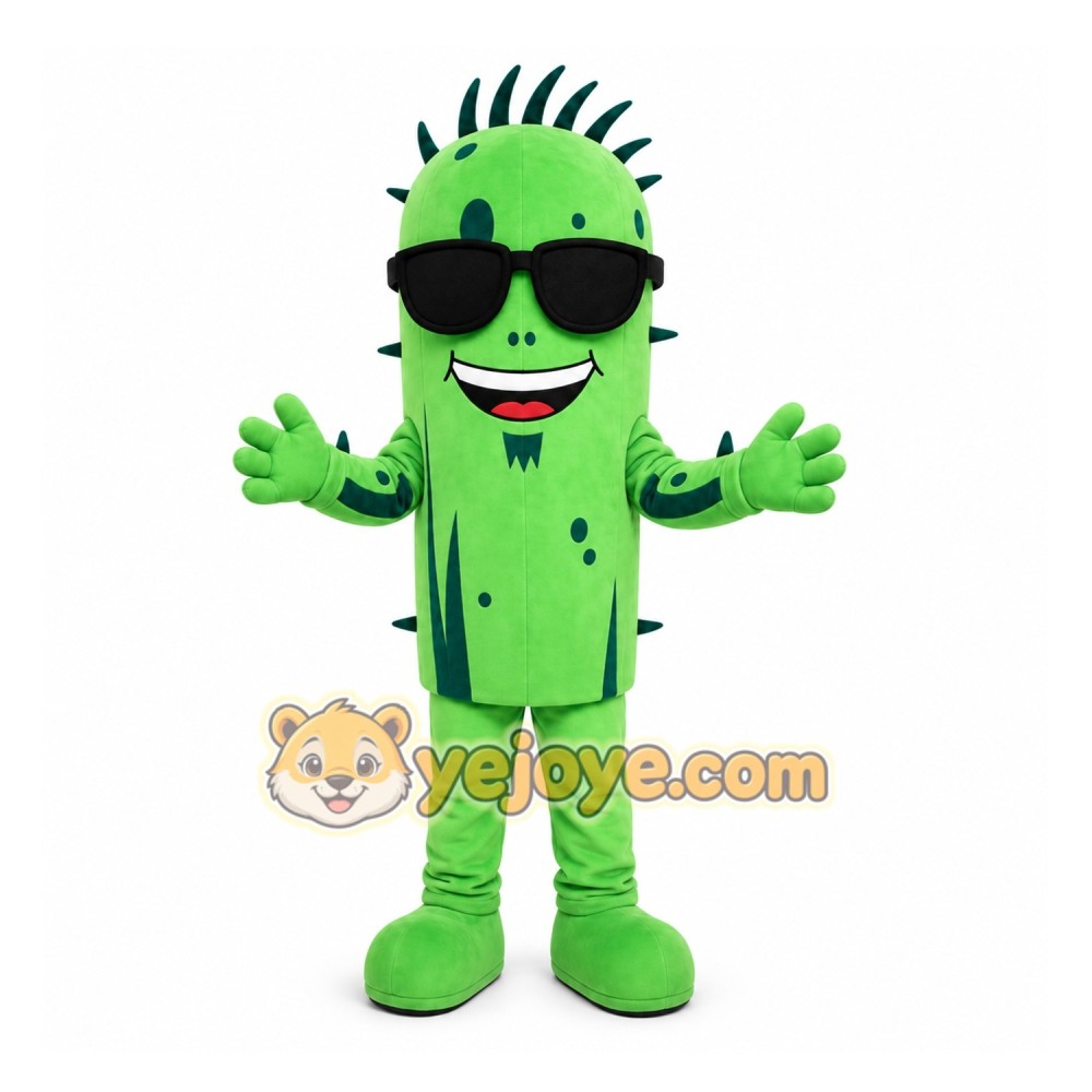 Green Cactus Mascot Costume with Custom Logo