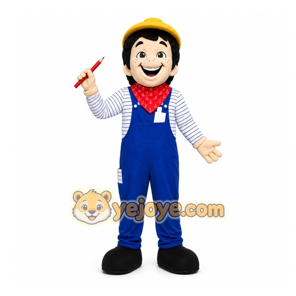 Blue Worker Mascot Costume with Custom Logo