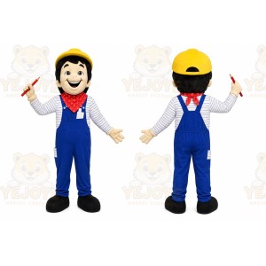 Blue Worker Mascot Costume with Custom Logo