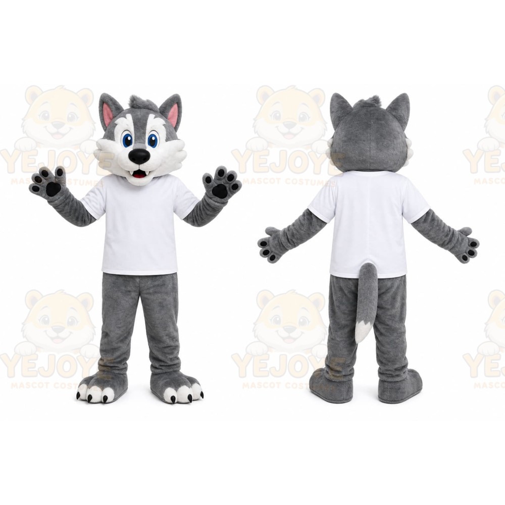 Gray Wolf Mascot Costume with Custom Logo