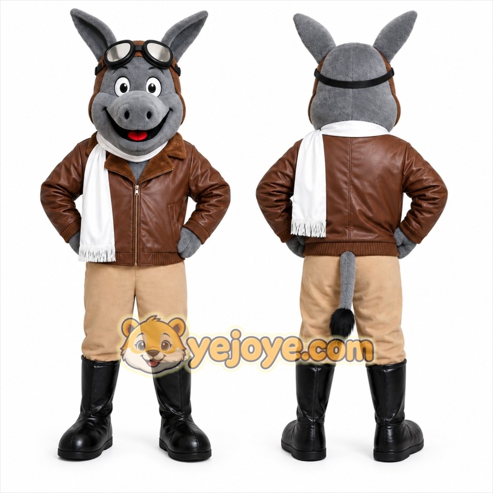 Gray Donkey Pilot Mascot Costume with Custom Logo