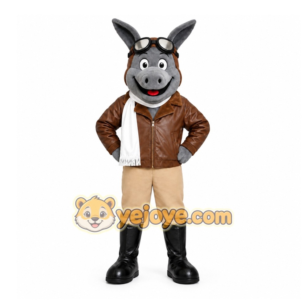 Gray Donkey Pilot Mascot Costume with Custom Logo